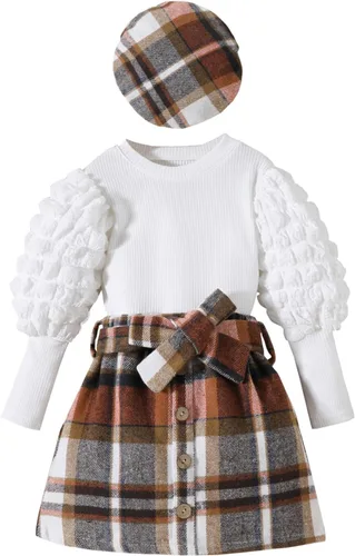 Ropa de otoño e invierno para niña pequeña, suéter de manga larga con volantes, cuello alto, falda a cuadros, conjunto de boina, conjunto de 3 piezas