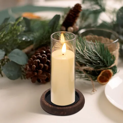 Vista 3 de Hatway Portavelas de madera, decoración de granja, bandeja de velas de pilar de madera para centro de mesa, bandeja decorativa pequeña, elevador