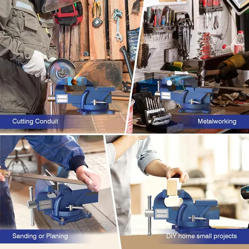 Vista 2 de Tornillo de banco de 4 pulgadas, tornillo de banco de hierro fundido dúctil con base giratoria flexible de 360, tornillo de banco de trabajo en casa