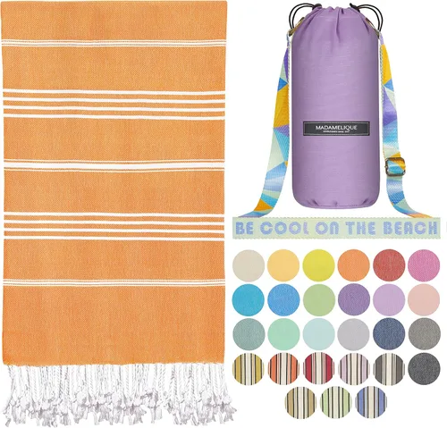 Vista 5 de Madamelique Toalla de playa turca con bolsa de playa, 39 x 74 pulgadas, toallas de playa prelavadas de gran tamaño, 100 % algodón, secado rápido