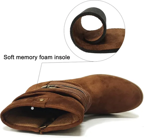 Vista 3 de VJH confort Botas de media pantorrilla para mujer, puntera redonda, tacón bajo, cómodo, holgado, con correa de hebilla y cremallera lateral