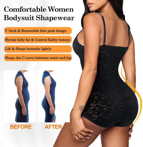 Vista 2 de BRABIC Body de encaje para mujer con control de abdomen y faja moldeadora sin mangas con cuello en V y sin espalda enterizo moldeador