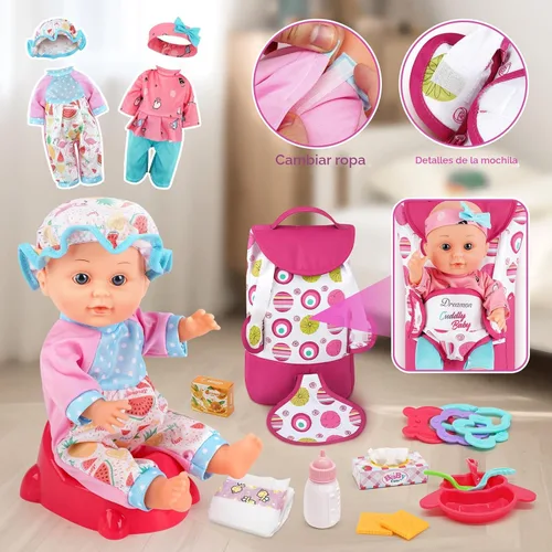Vista 6 de Juego de cochecito de muñeca de bebé con muñeca de 12.5 pulgadas, mesa de comedor para bebé, mochila con portador, 21 piezas de accesorios