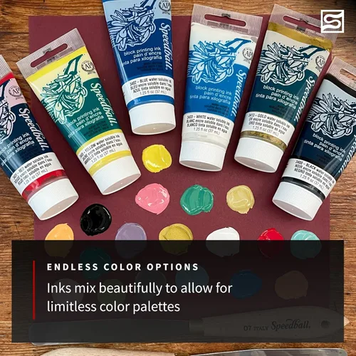 Vista 7 de Speedball 3470 Water-Soluble Block Printing Ink Starter Set – 6 Bold Colors with Satiny Finish - 1.25 FL OZ Tubes, Multicolor