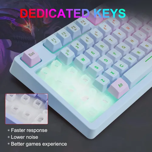 Vista 6 de HUO JI Teclado para juegos con cable USB con retroiluminación LED arcoíris, teclas flotantes, sensación mecánica, resistente a derrames, ergonómico