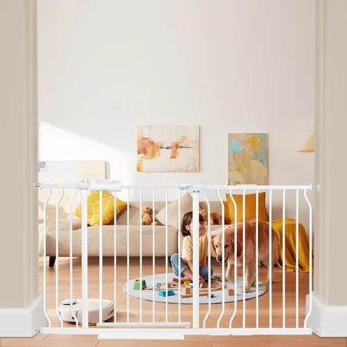 Puerta extra ancha para bebé, puerta extra alta para perros, para escaleras, puertas, tensión de metal blanco, puertas de seguridad para mascotas
