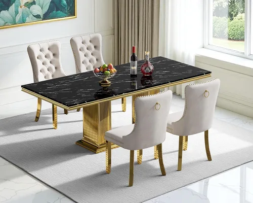 Vista 2 de Juego de mesa de comedor de mármol para 4, mesa de cocina rectangular de mármol negro de 68 pulgadas con base en H de acero inoxidable dorado, juego