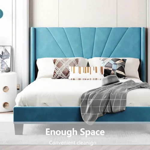 Vista 17 de Base de cama de plataforma tamaño Queen con cabecera tapizada de terciopelo y soporte de listones de madera, cama y cabecera tamaño Queen, no Gris