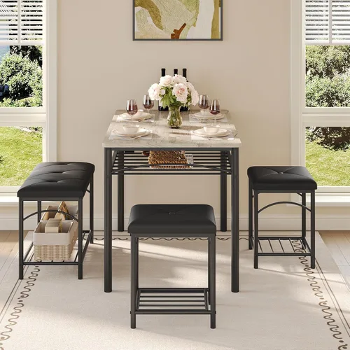 Vista 11 de GarveeHome Dining Table Set for 4 with Upholstered Benches and 2 Stools, Modern Space Saving Kitchen Breakfast Table, Ideal for Small Kitchens