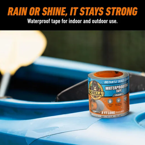 Vista 5 de GORILLA - Cinta adhesiva impermeable para parchar y sellar, cinta transparente, 4 pulgadas x 8 pies (paquete de 2) - Sello permanente resistente al