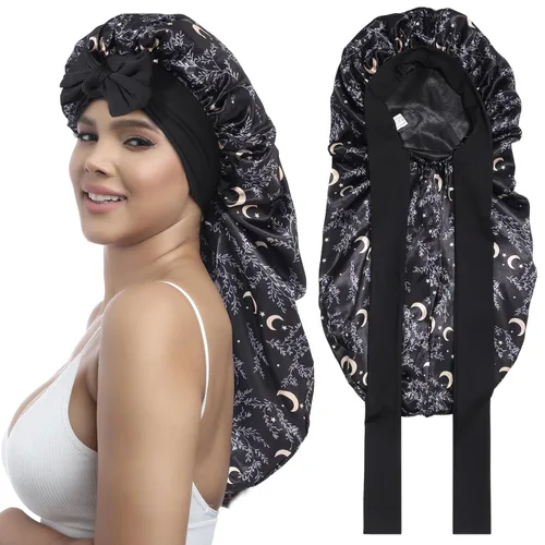 Vista 19 de AWAYTR Gorro largo de satén para mujer, gorro de seda elástica de doble capa para trenzas, gorro de dormir con banda de amarre (negro)