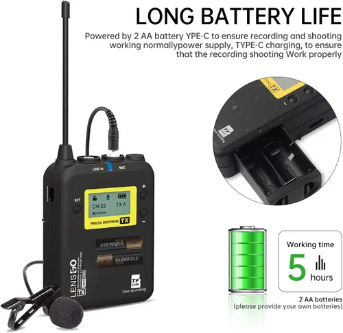 Vista 3 de LENSGO LWM-328C - Sistema de micrófono inalámbrico Lavalier de 99 canales, UHF, micrófono de solapa inalámbrico profesional omnidireccional