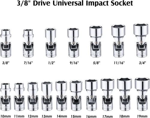 Vista 2 de MIXPOWER Juego de 17 piezas de 3/8" de accionamiento universal de junta universal, de 6 puntas, SAE y métrico, de 10-19 mm, de 3/8"-3/4", enchufe