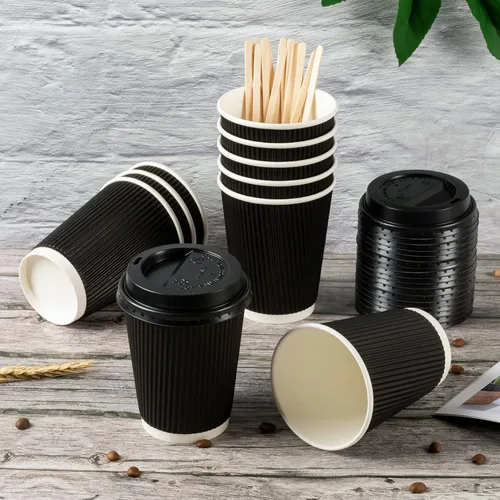 Vista 7 de Paquete de 88 Tazas de café desechables con tapas, 12 onzas, tazas aisladas de pared ondulada con tapas y agitadores, perfectas para bebidas