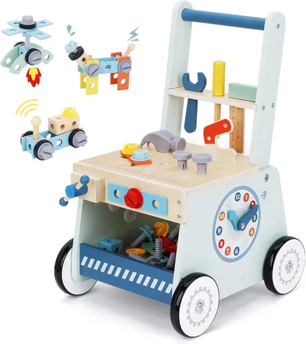2-in-1 Wooden Baby Walker and Tool Bench with Building Play, Blue Azul