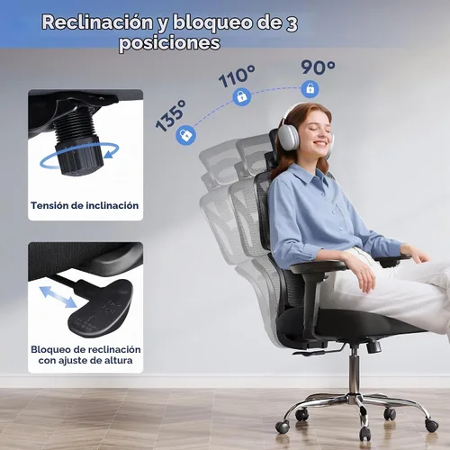Vista 7 de DEVAISE Silla de oficina grande y alta, silla de escritorio ergonómica reclinable para largas horas, cómoda malla transpirable, reposabrazos Blanco