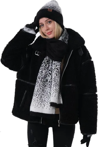 Vista 6 de Conjunto de gorro de punto de invierno para mujer y guantes para pantalla táctil, bufanda larga con forro polar cálido, bufandas para mujer