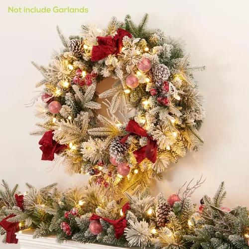 Vista 5 de Corona de Navidad de nieve preiluminada con bolas rojas, bayas y lazos, 24 pulgadas, 50 luces LED a pilas, decoración navideña para puerta delantera