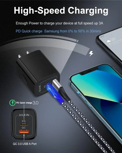 Vista 3 de Paquete de 3 cargadores USB C, cargador USB de doble puerto USB-C enchufable de pared 20 W PD y QC3.0 tipo A bloque de carga rápida para Samsung