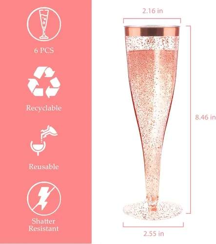 Vista 2 de Copas de champán desechables, 6 piezas de purpurina de oro rosa con borde de oro rosa, copas de champán de plástico para fiestas, copas de champán