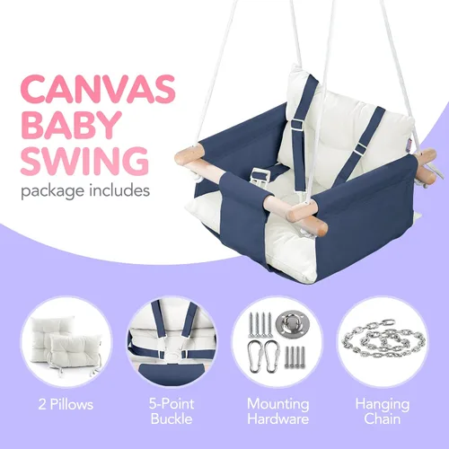 Vista 3 de CaTeam - Columpio de lona para bebé, silla colgante de madera con cinturón de seguridad, silla de columpio para bebé duradera, columpio
