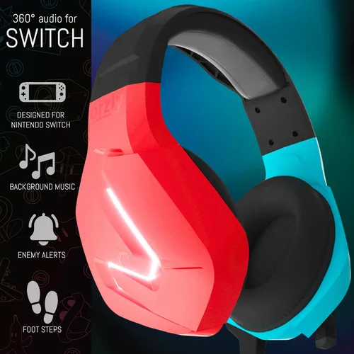 Vista 2 de Orzly Auriculares para juegos con micrófono para Nintendo Switch OLED y Lite Joycon Color Match con Micrófono de Luz LED y Control Remoto - Hornet