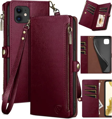 Vista 9 de XcaseBar Funda tipo cartera para iPhone 11 de 6.1 pulgadas con cremallera y tarjetero de crédito con bloqueo RFID, funda de piel sintética con tapa