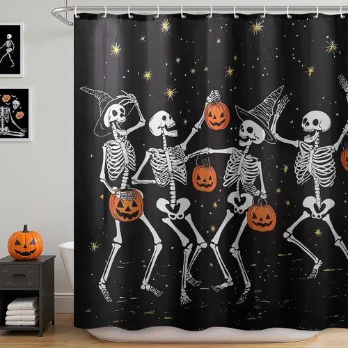Cortina de ducha de Halloween: fantasmas bailarines espeluznantes con calabazas, juego de cortina de ducha de Halloween con ganchos, decoración de