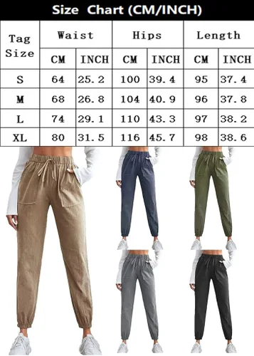 Vista 3 de Nihsatin Pantalones de lino para mujer, cintura elástica alta, con nudo frontal, pantalones cónicos con bolsillos