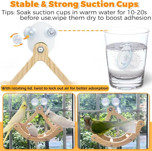 Vista 4 de Perca de juguete para pájaros mecedores para ventana y jaula, perca para pájaros para montaje de succión de pared, juguetes de loro de madera