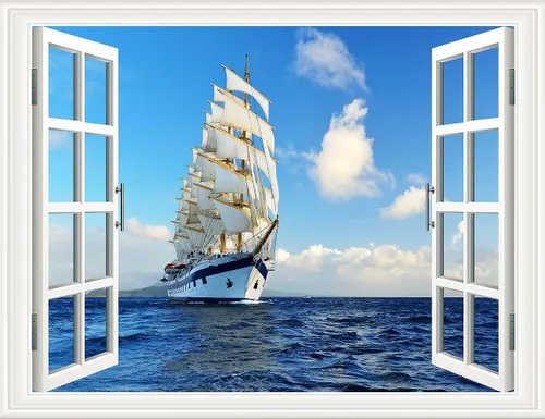 Vista 26 de Pintura autoadhesiva 3D, calcomanías de pared falsas para ventana, isla tropical con palmeras, mural de pared, vista de ventana, decoración de pared