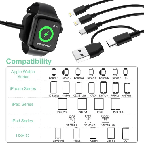 Vista 2 de Cable de carga rápida universal 4 en 1 USB C para Apple Smart iWatch, 3M/10 pies tipo C+USB A cargador de reloj+Lightning*2+cable tipo C adaptador