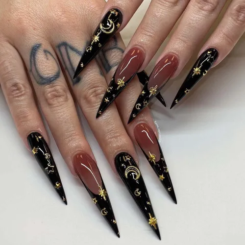Uñas postizas a presión negras largas con punta francesa de aguja con diseño de luna dorada y estrella, uñas postizas acrílicas para mujeres, uñas