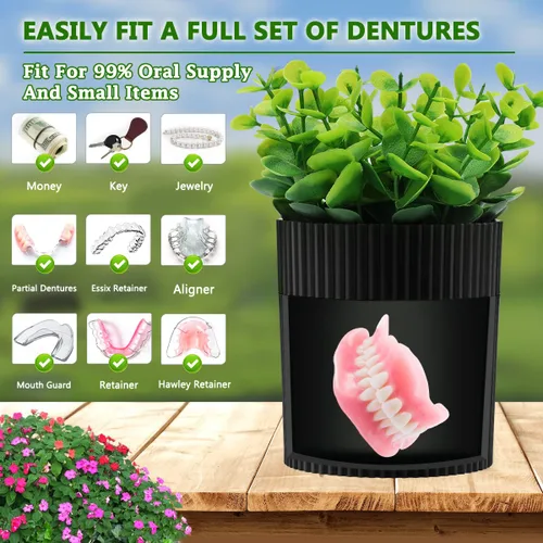 Vista 3 de Baño de dentadura, estuche invisible para dentaduras postizas diseñado como plantas artificiales en maceta de eucalipto, copa de dentadura