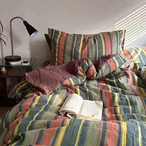 Vista 2 de mixinni Juego de funda de edredón vintage a rayas, tamaño twin, juego de ropa de cama de 3 piezas, 100% algodón lavado, suave y transpirable, funda