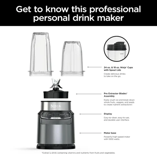 Vista 5 de Ninja BN400 Nutri Pro - Licuadora personal compacta, tecnología Auto-iQ, 1000 vatios, para bebidas congeladas, batidos, salsas y más, con tazas