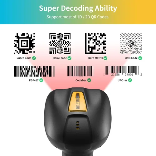 Vista 2 de NETUM Escáner de código de barras Bluetooth industrial QR, actualizado con base de carga, lector de código de barras inalámbrico 2D 1D 2600mAh