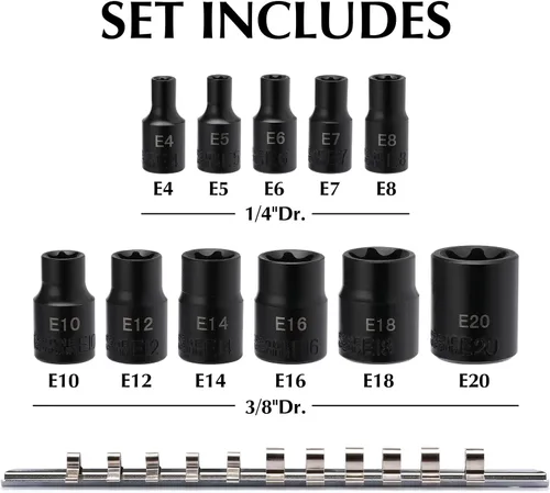 Vista 2 de EMENTOL Juego de llaves de vaso E-Torx con riel, CR-V, 1/4" y 3/8" Drive, hembra Torx Star Socket Set, E4 - E20