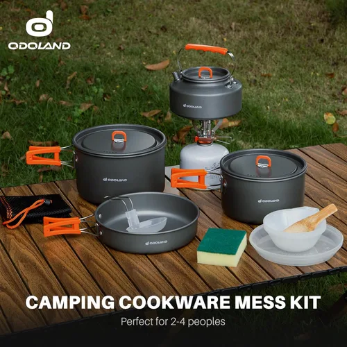 Vista 6 de Odoland 15pcs Camping Cookware Non-Stick Lightweight Camping Pots and Pans Set with Kettle Plastic Plates Bowls Soup Spoon for Camping, Backpacking