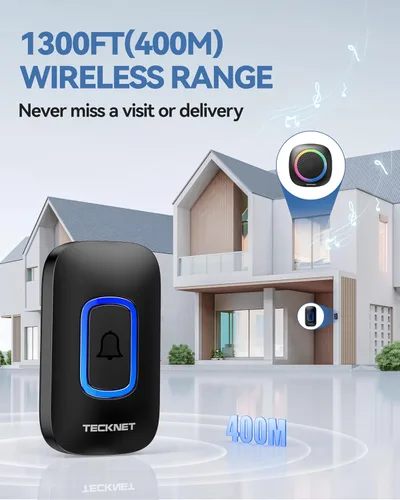 Vista 6 de TECKNET Timbre inalámbrico enchufable con iluminación RGB y rango de 1300 pies, timbre impermeable IP66 para el hogar, aula, oficina, negocios, 60