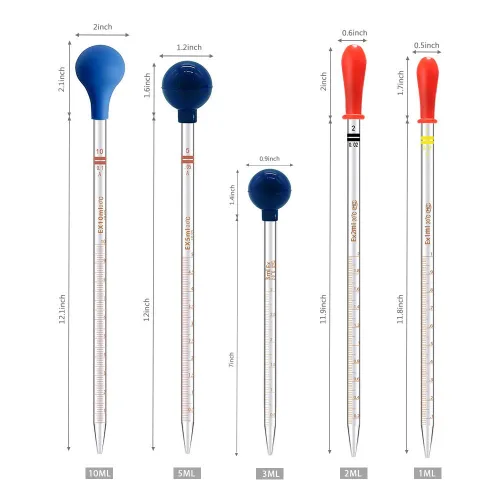 Vista 2 de 5 unidades de pipetas graduadas de vidrio grueso para fluidos y líquidos de 1 ml, 2 ml, 5 ml, 10 ml, 2 unidades para cada una con tapas y 2 cepillos