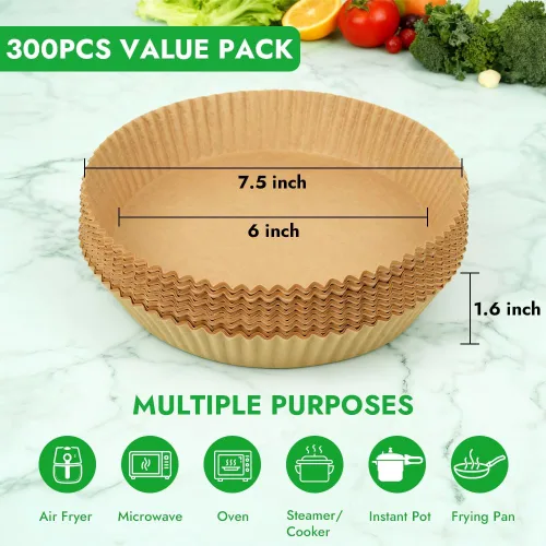 Vista 2 de BYKITCHEN 300 PCS forros desechables pequeños para freidora de aire de 2 a 5 QT, forros redondos de papel pergamino para freidora de aire