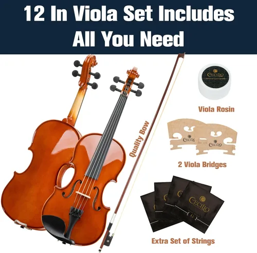 Vista 6 de Mendini by Cecilio Juego de viola de madera maciza de 12 pulgadas para principiantes, kit de viola acústica tallada a mano con estuche rígido, arco
