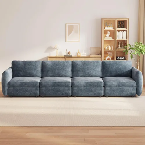 Vista 173 de Guyii Sofá modular de terciopelo, moderno sofá de 4 plazas de gran tamaño con 3 almohadas y reposapiés de almacenamiento, sofá convertible de 115.74