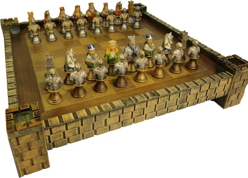 HPL Medieval Times Busts Painted Knights Chess Set W/ 17" Castle Fortress Board