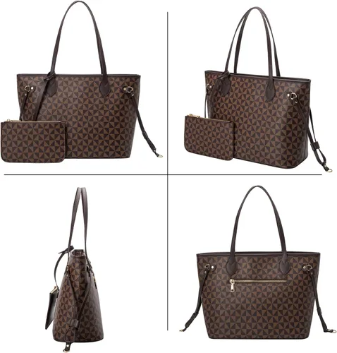 Vista 5 de Bolsos de mano para mujer, bolsos de moda de diseñador con asa superior, 2 piezas, con cartera pequeña (marrón)