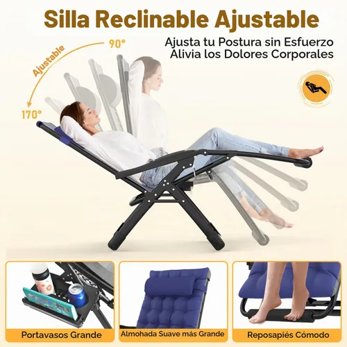 Vista 8 de Slendor Sillas de gravedad cero de gran tamaño XXL, silla reclinable Azul