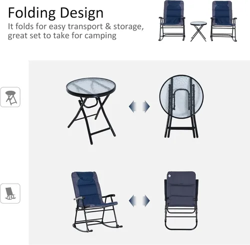 Vista 6 de Outsunny Juego de 3 muebles de patio al aire libre con mesa de centro de cristal y 2 sillas mecedoras acolchadas plegables, estilo bistró