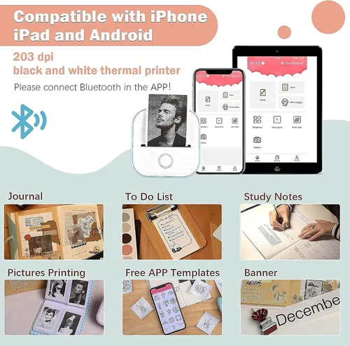 Vista 2 de Memoking T02 - Impresora térmica Bluetooth de bolsillo con papel térmico blanco, adhesivo de 2 años, 1.969 in x 11.5 ft, compatible con iOS y Android