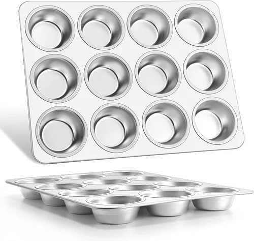 E-far Molde para magdalenas de 12 cavidades, juego de 2, moldes de acero inoxidable para magdalenas, moldes de metal para horno, tamaño regular y